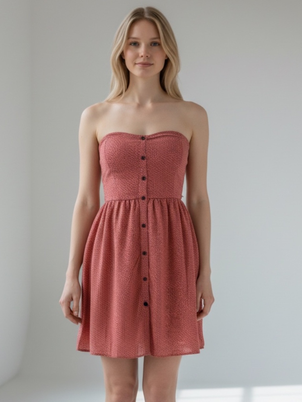 Rhapsody Pink Polka Dot Strapless Button Front Dress Medium